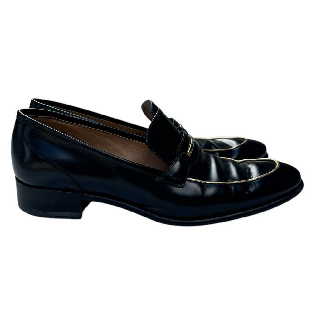 Salvatore Ferragamo Black Leather Loafers with Gold Trim